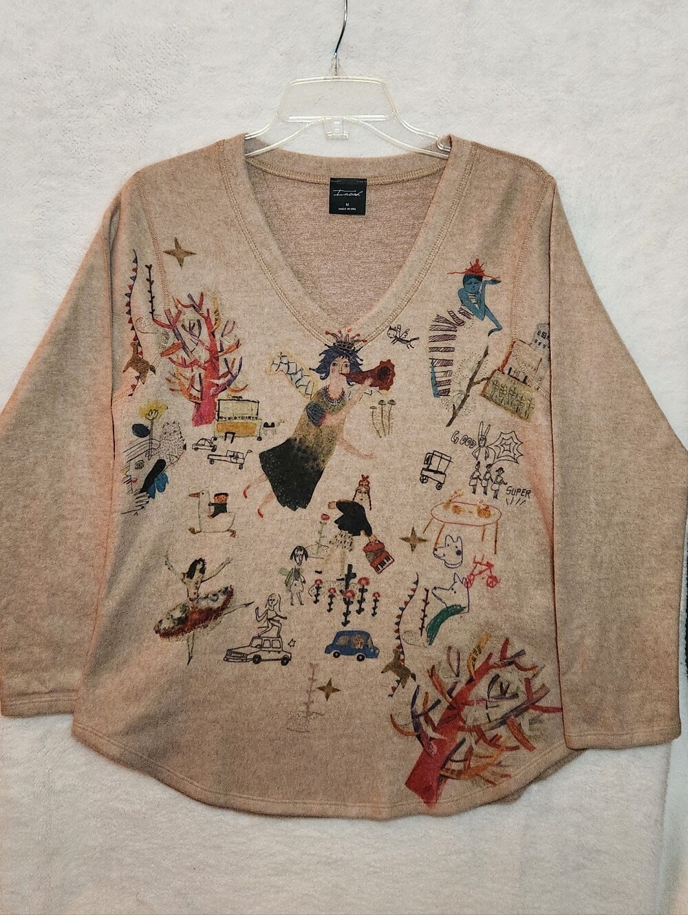Vintage Inoah Women’s V-Neck Artsy Whimsical Sweater Size Medium